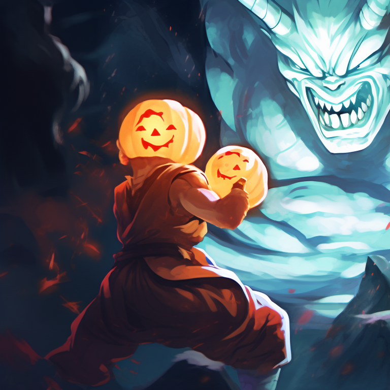 Vegeta and Bulma in a dark room lit by jack-o-lanterns, showcasing intricate details on the characters' faces and the pumpkins. dragon ball halloween matching pfp theme pfp for discord.