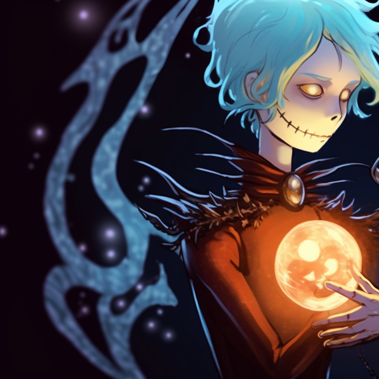 The characters stand against a backdrop of dark, snow-laden pines, an ethereal aura surrounding them. elegant matching spooky christmas pfp for loved ones pfp for discord.