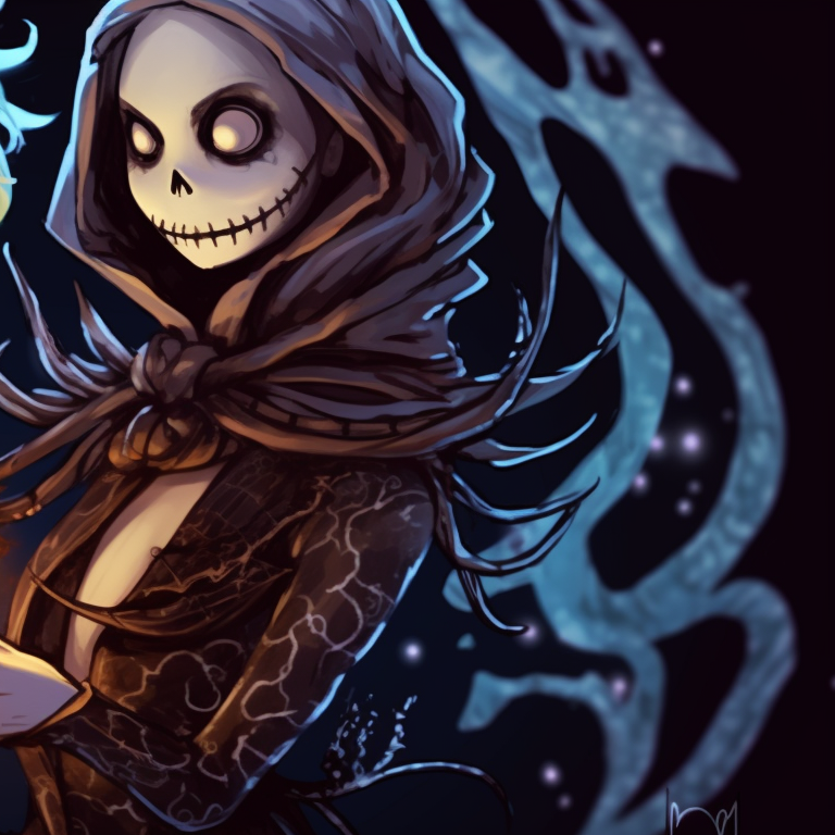 The characters stand against a backdrop of dark, snow-laden pines, an ethereal aura surrounding them. elegant matching spooky christmas pfp for loved ones pfp for discord.