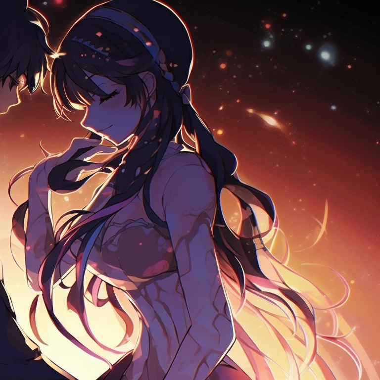 Two characters dancing in starlight, shimmer effects, elaborate outfits classic matching pfp couples pfp for discord.