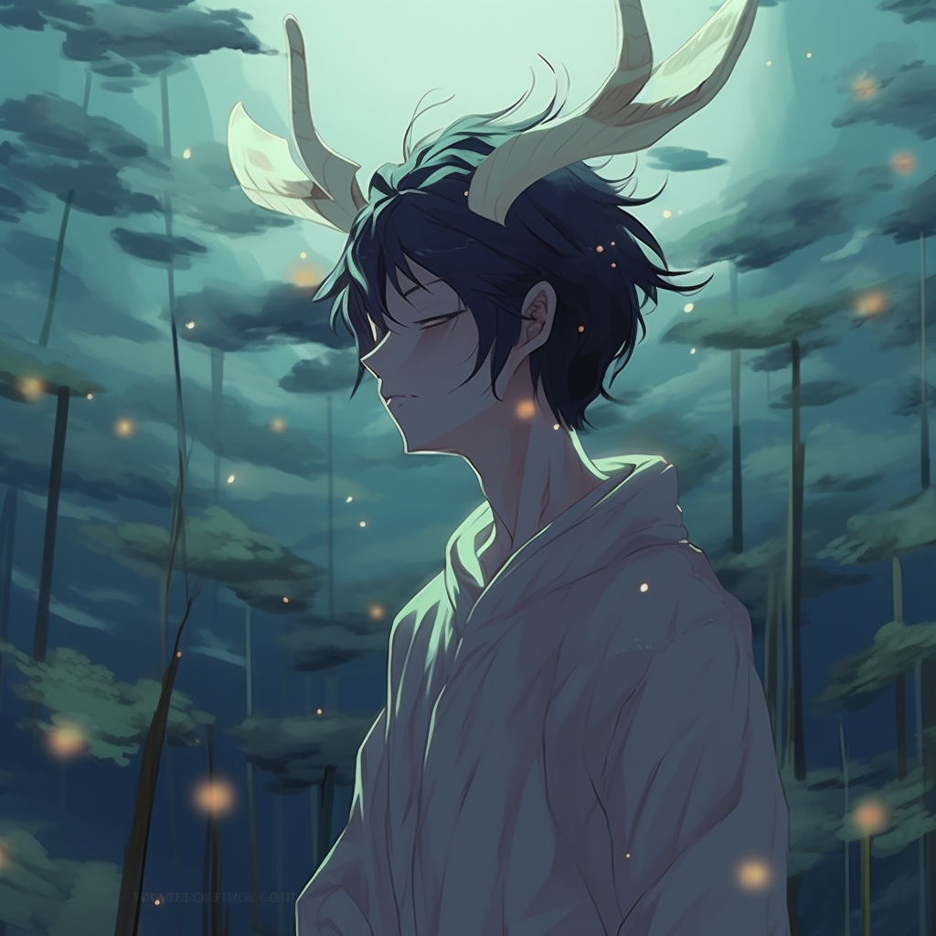 Monochrome portrait of a calm anime boy, a beautiful contrast between light and shadow. chill anime pfp for boys