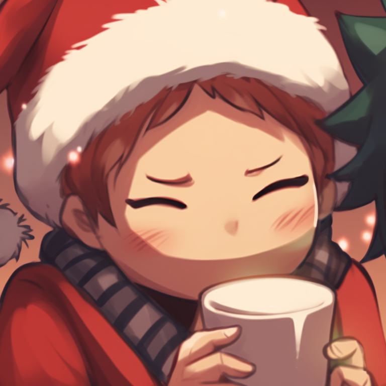 Two characters wrapped in comfortable Christmas sweaters, sharing a warm mug of hot chocolate, with a rich earthy color palette. cute christmas my hero academia pfps pfp for discord.