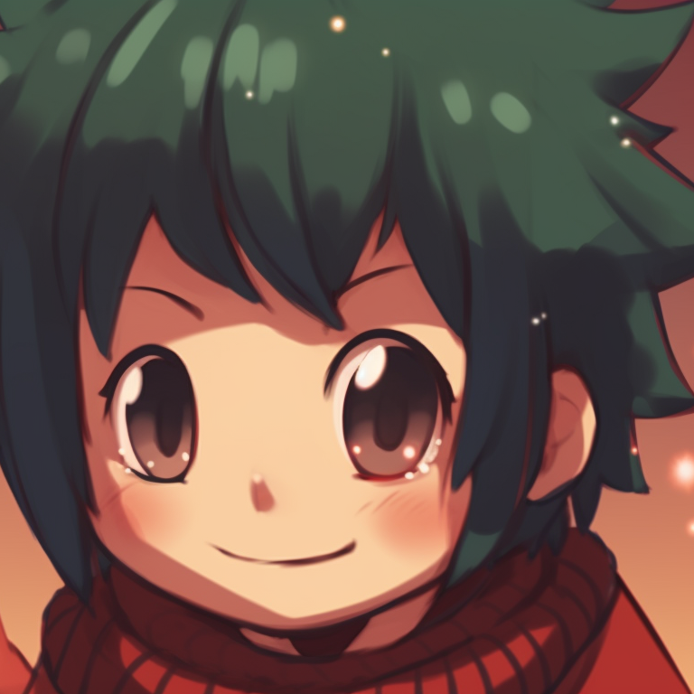 Two characters wrapped in comfortable Christmas sweaters, sharing a warm mug of hot chocolate, with a rich earthy color palette. cute christmas my hero academia pfps pfp for discord.