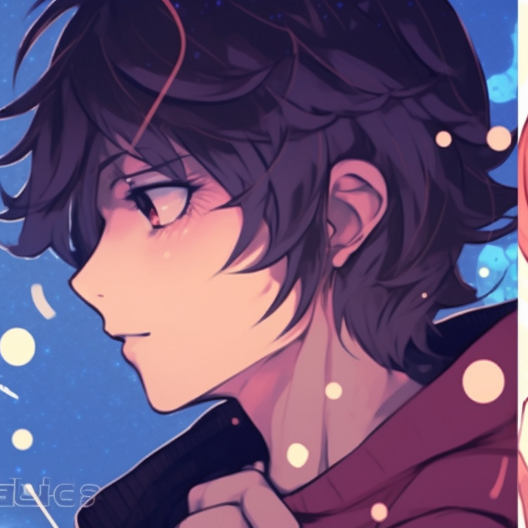 Two characters under a twilight sky, rich hues of purple and red, creating a captivating silhouette effect. iconic matching anime pfp for couples pfp for discord.