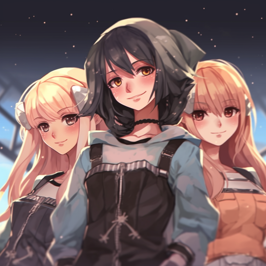 An all-girl anime squad with bright colors highlighting each character's hair cute anime trio pfp pfp for discord.