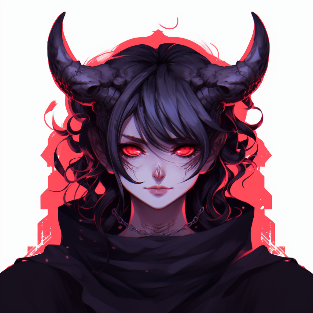 A detailed close-up of a demon girl, showing striking red eyes and sharp teeth, with high contrast and bold lines. female demon anime pfp pfp for discord.