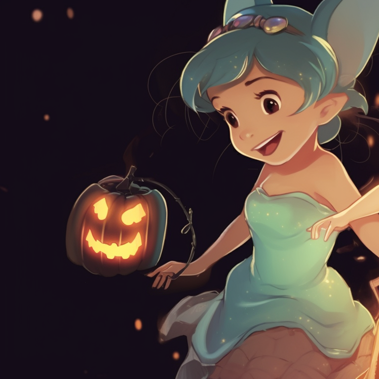 Two characters from Tinker Bell, in glowing fairy costumes, sparkling particle effects, fluttering side by side. disney halloween matching pfp - for girls pfp for discord.