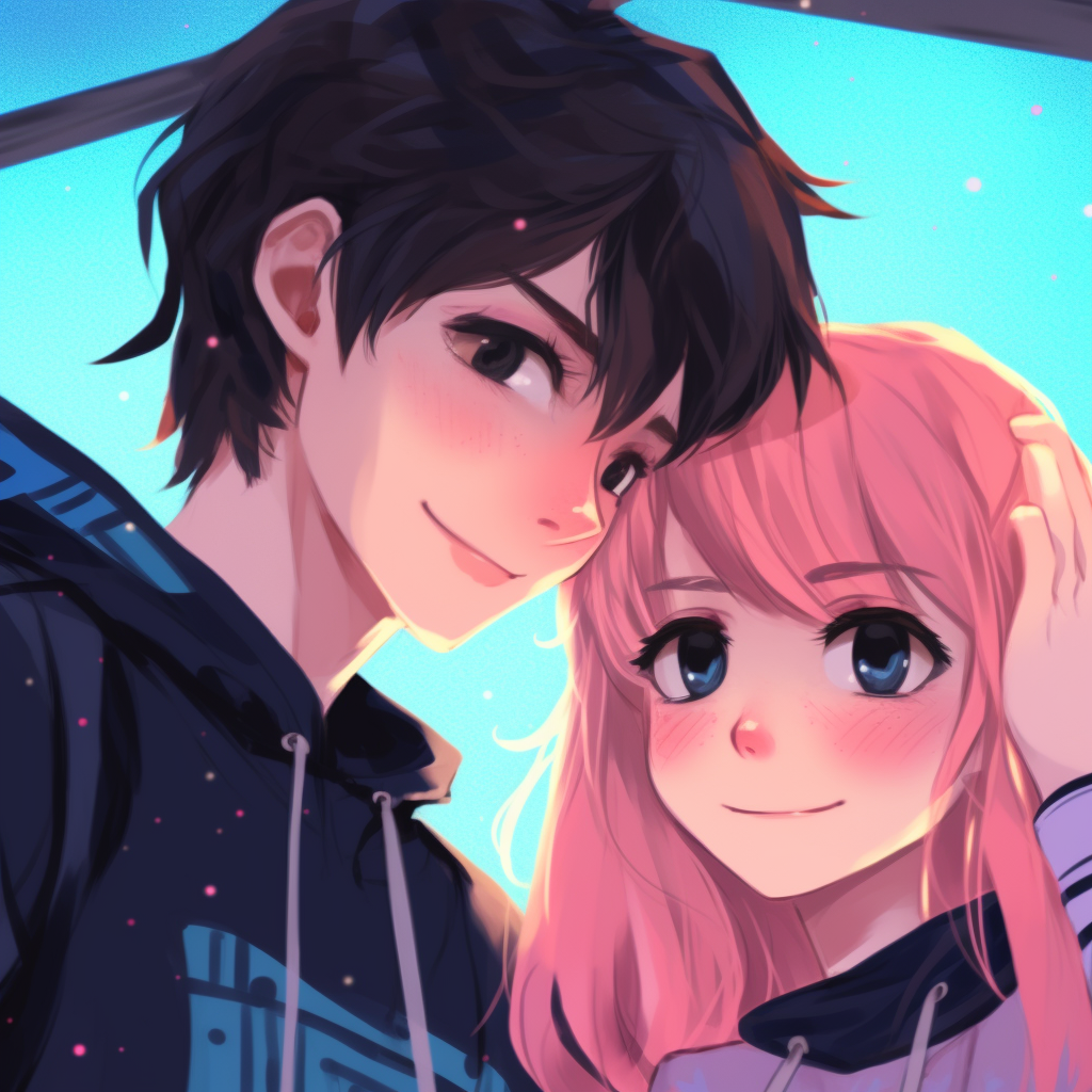 Playful anime couple amidst cherry blossoms, stunning floral backgrounds and pink hues. cute anime couple pfp