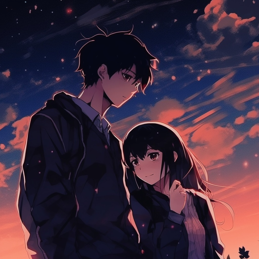 A couple's shared dream under a starlit sky, imaginative details and magical twinkles. dramatic scenes couple anime matching pfp pfp for discord.