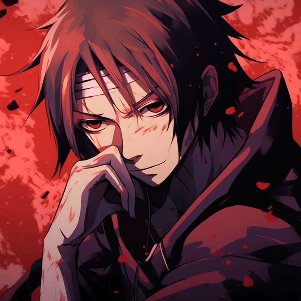 Close-up of Itachi Uchiha, detailed facial features and serious expression cool pfp anime characters pfp for discord.