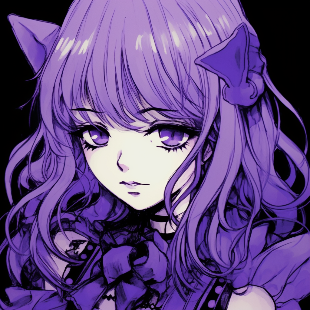 Full profile of anime character in Gothic Lolita fashion, majesty of purple used in details unique anime purple pfp concepts pfp for discord.
