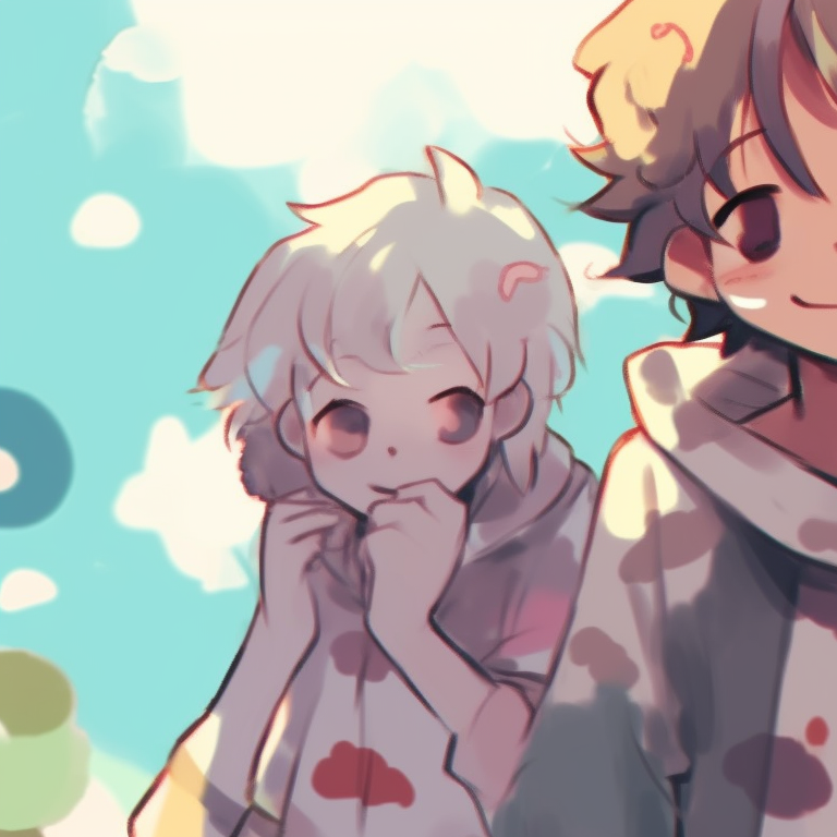 Three characters, brightly colored outfits, soft shading, sitting under a tree. creative matching trio pfp styles pfp for discord.