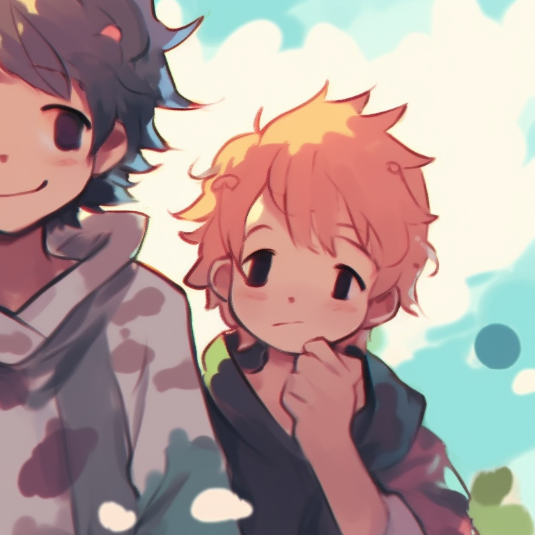 Three characters, brightly colored outfits, soft shading, sitting under a tree. creative matching trio pfp styles pfp for discord.