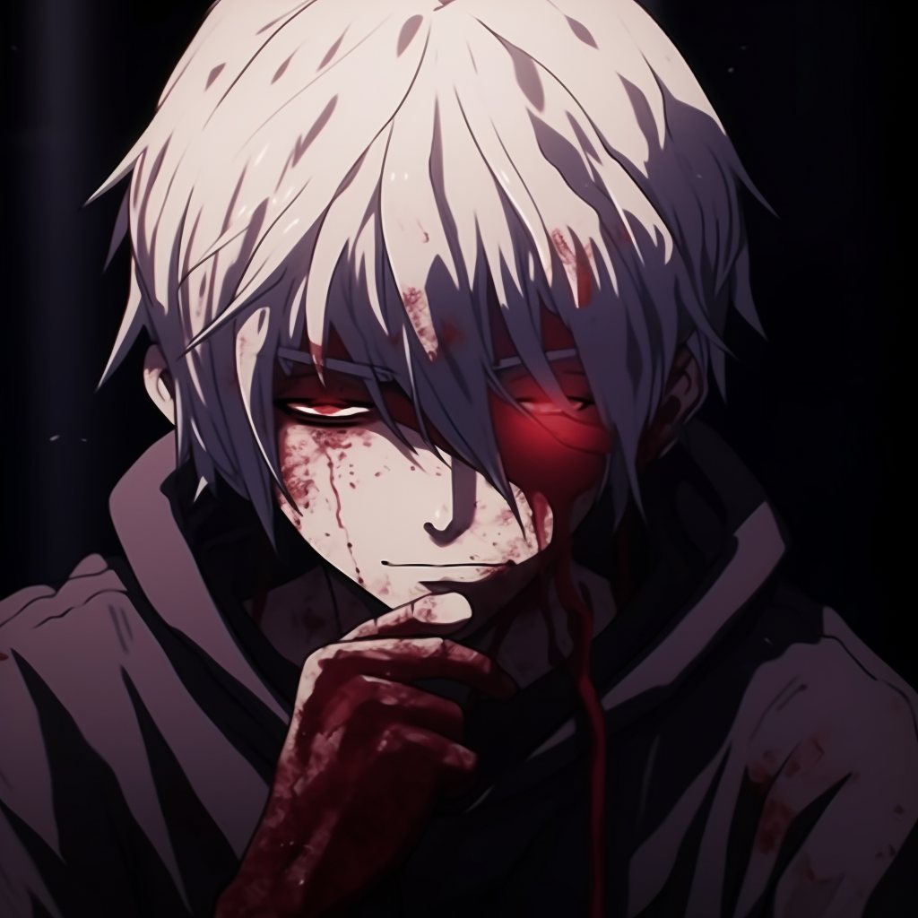 Kaneki Ken from Tokyo Ghoul in his one-eyed ghoul state, monochrome palette with red highlights. unique anime characters pfp
