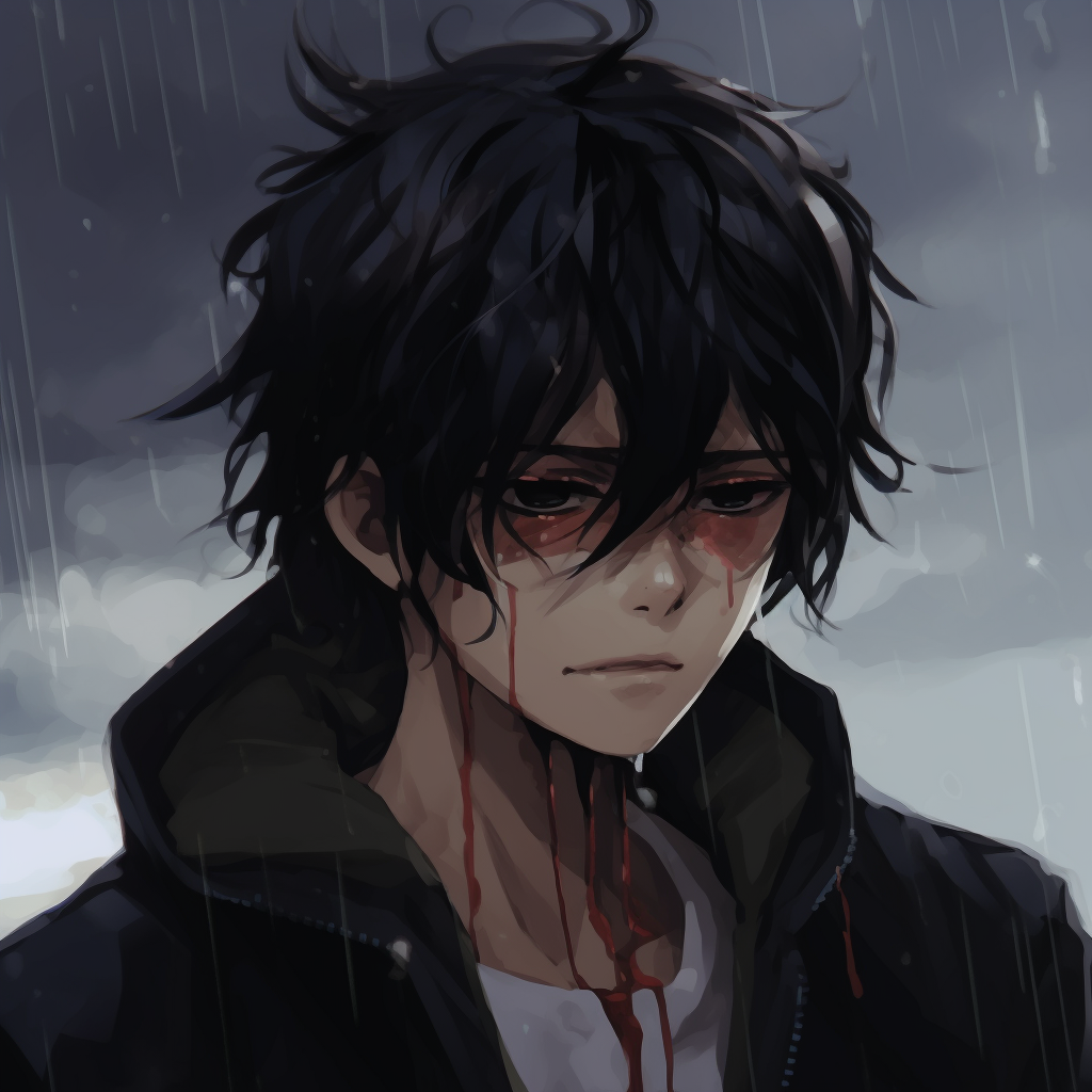 Depicted is an anime boy in despair, curled up, isolation emphasized by empty space. anime boy sad pfp