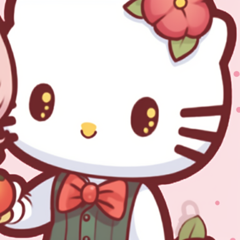 Two characters in a candy wonderland, vibrant colors and whimsical detailing. hello kitty pfp matching creative pfp for discord.