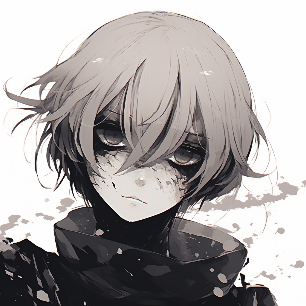 Monochromatic portrait of Kaneki from Tokyo Ghoul, detailed linework and contrasting shades. best anime aesthetic pfp collections
