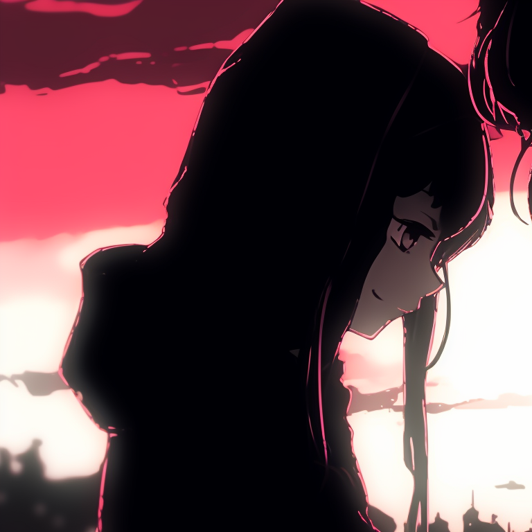 Two anime characters in silhouette against a stunning sunset, reflective mood. creative instagram cute matching pfp options pfp for discord.