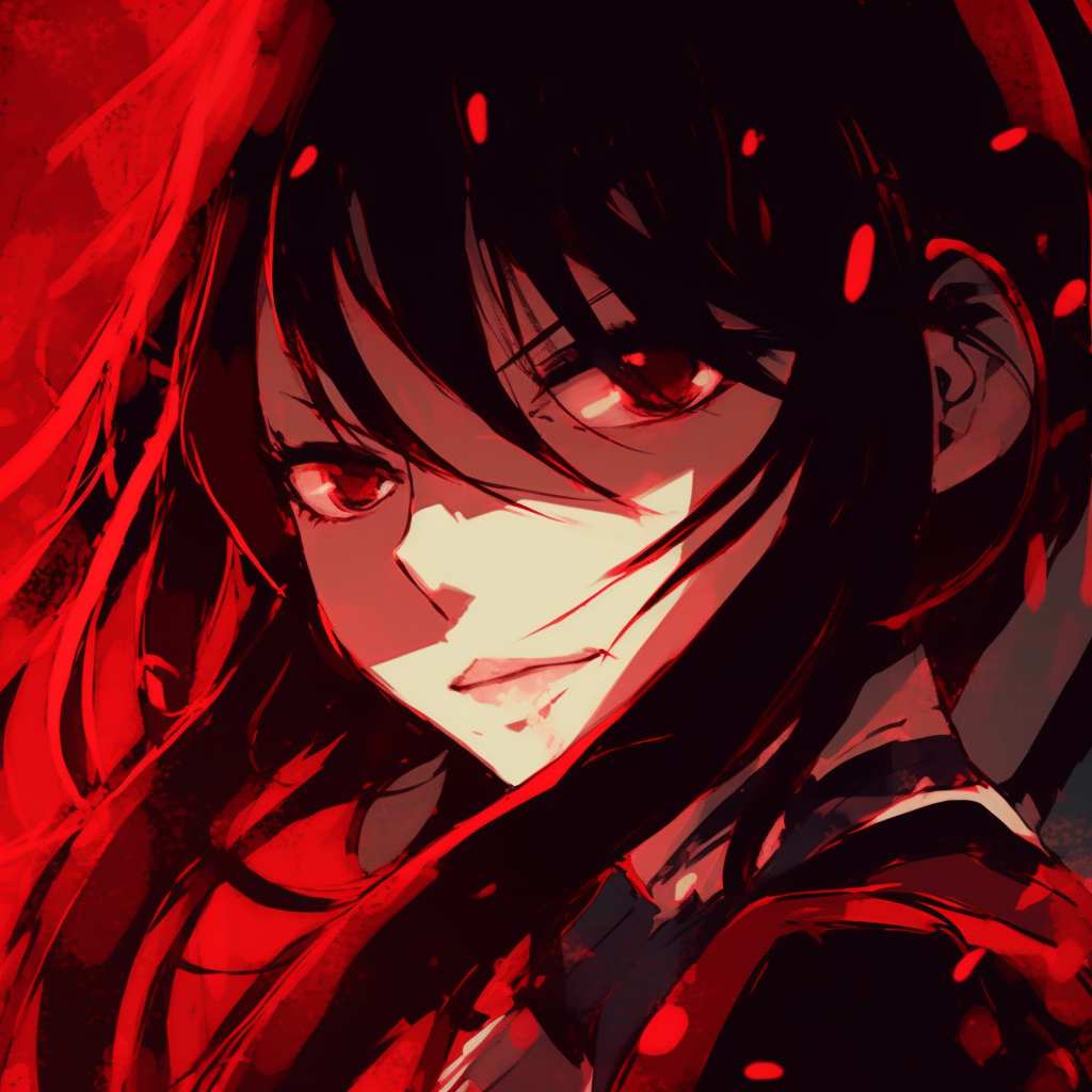 Dynamic depiction of Erza in action, colored in radiant red hues, illuminating her fierce stance. vibrant red pfp