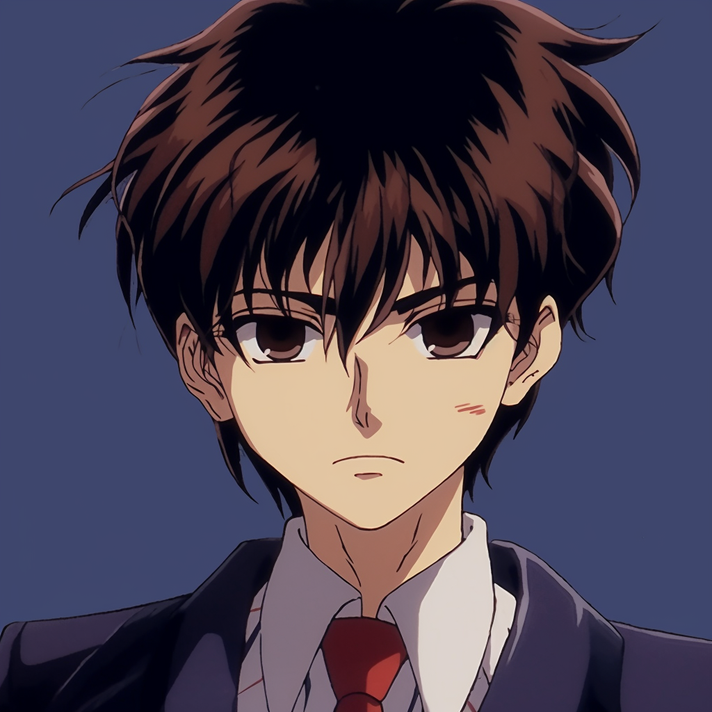 Battle-ready classic anime boy, with focused eyes and clenched fist, intense shading and lines. vintage 90s anime pfp boy