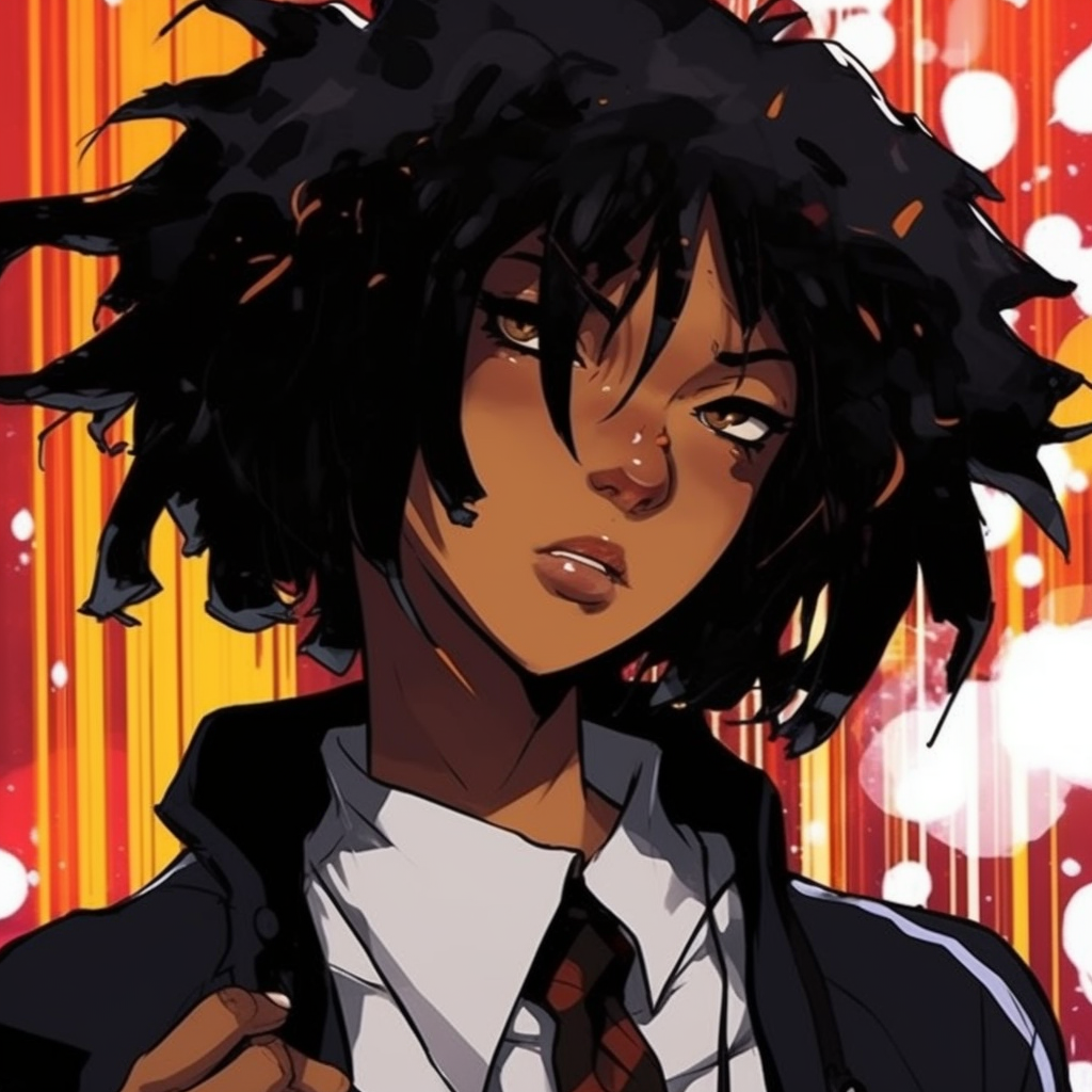 Close-up of a black anime character, focus on facial expression, intricate detailing and shading. creative black anime girl characters pfp