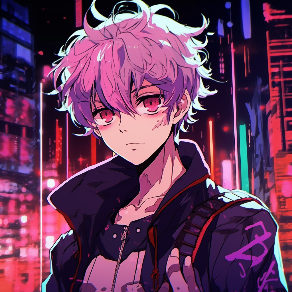 Anime boy under neon lights, dynamic composition and bold lines. unique aesthetic anime pfp