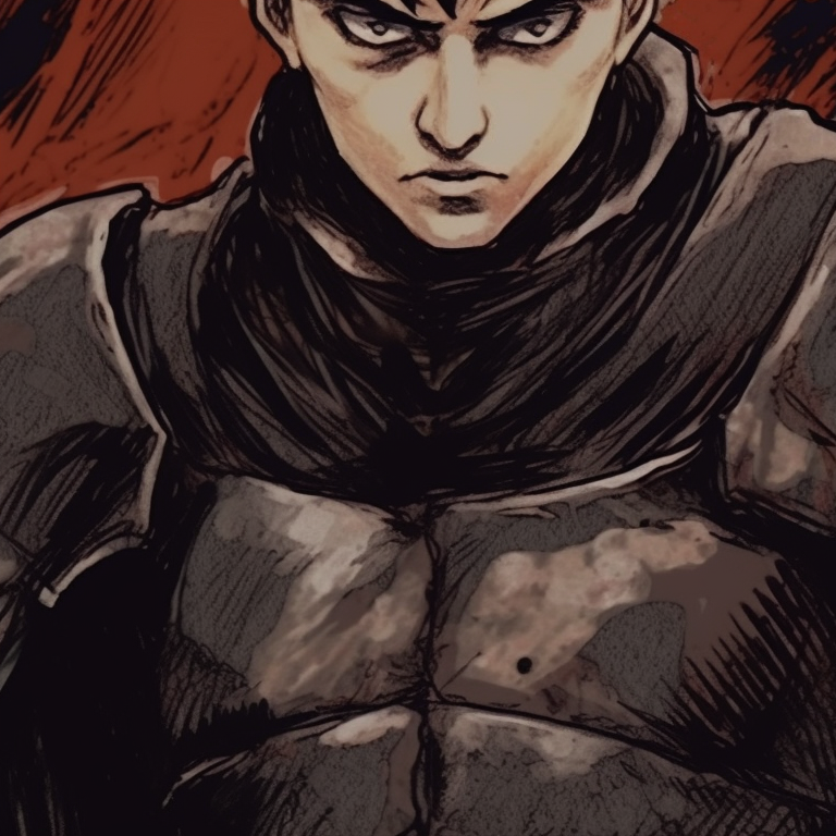 Two warriors engaged in a fierce clash under a twilight sky, sharp lines, vivid colors. berserk inspired halloween aesthetics pfps pfp for discord.