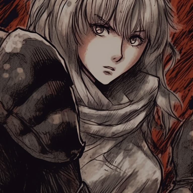 Two warriors engaged in a fierce clash under a twilight sky, sharp lines, vivid colors. berserk inspired halloween aesthetics pfps pfp for discord.