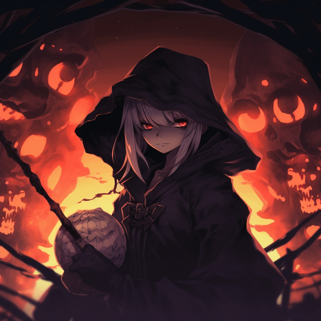 Anime death god with eerie ambience, dark tones and chilling glow. anime halloween pfp style