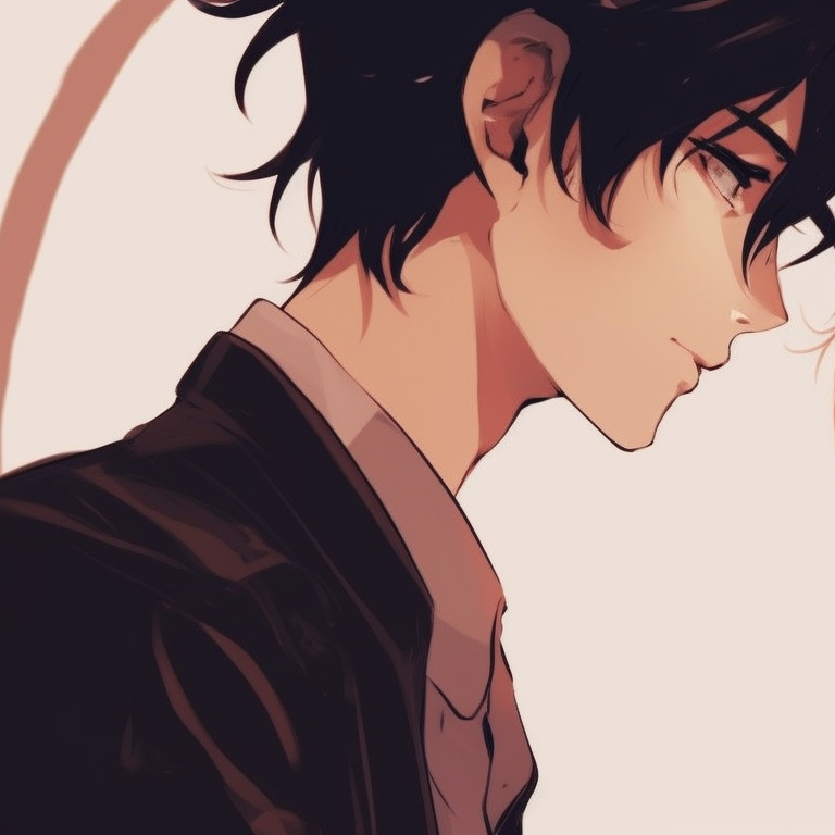 Two characters in profile view, with sharp lines and elaborate hairstyles, their eyes meeting. unique aesthetic matching pfp couples pfp for discord.