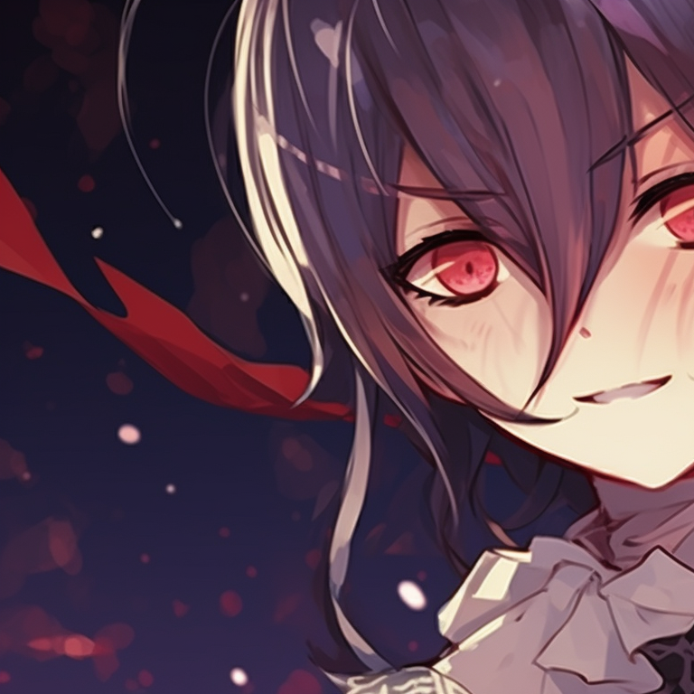 Two ghost characters in gothic attire, monochromatic scheme broken by bright red details. halloween theme oshi no ko matching pfp in anime pfp for discord.