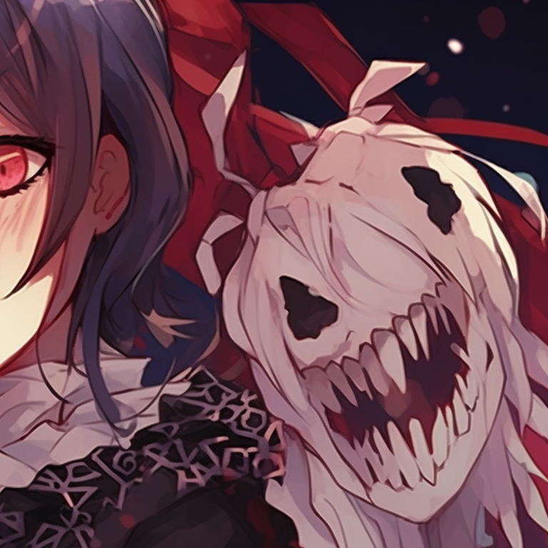 Two ghost characters in gothic attire, monochromatic scheme broken by bright red details. halloween theme oshi no ko matching pfp in anime pfp for discord.
