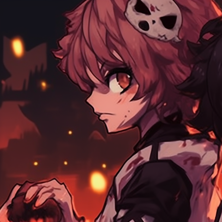 Two characters emerging from the shadows, intense expressions and bold color contrasts. mha matching pfp halloween theme party designs pfp for discord.