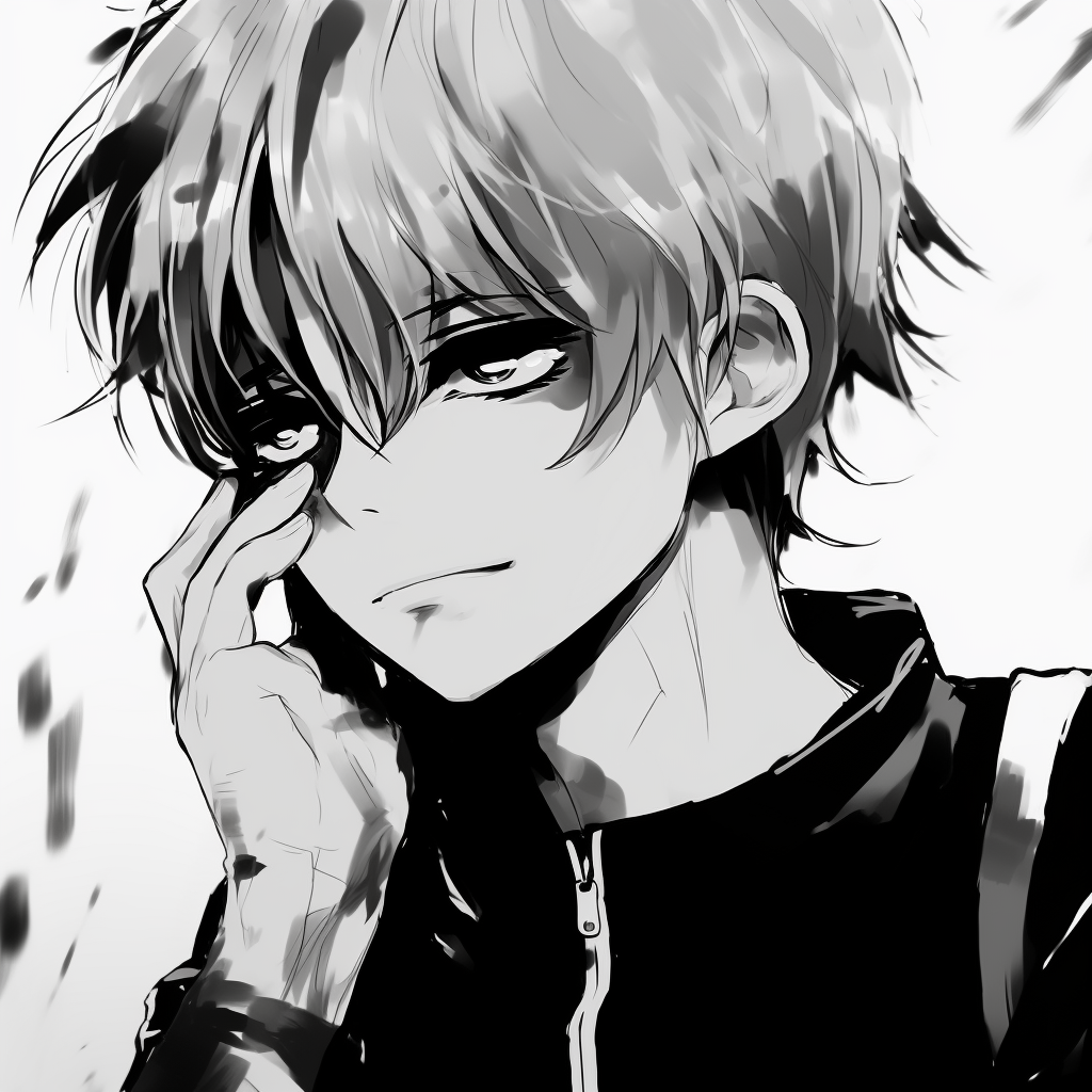 Close-up view of Todoroki's scar in monochrome, with detailed shading and texture. modern anime black and white pfp