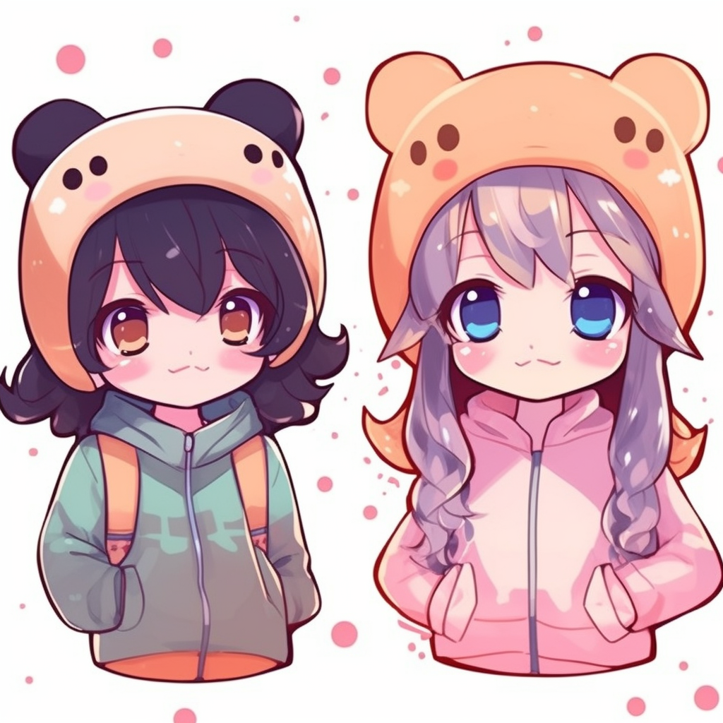 Chibi style anime characters, use of pastel colors and simple shapes. anime 3 matching pfp cute edition