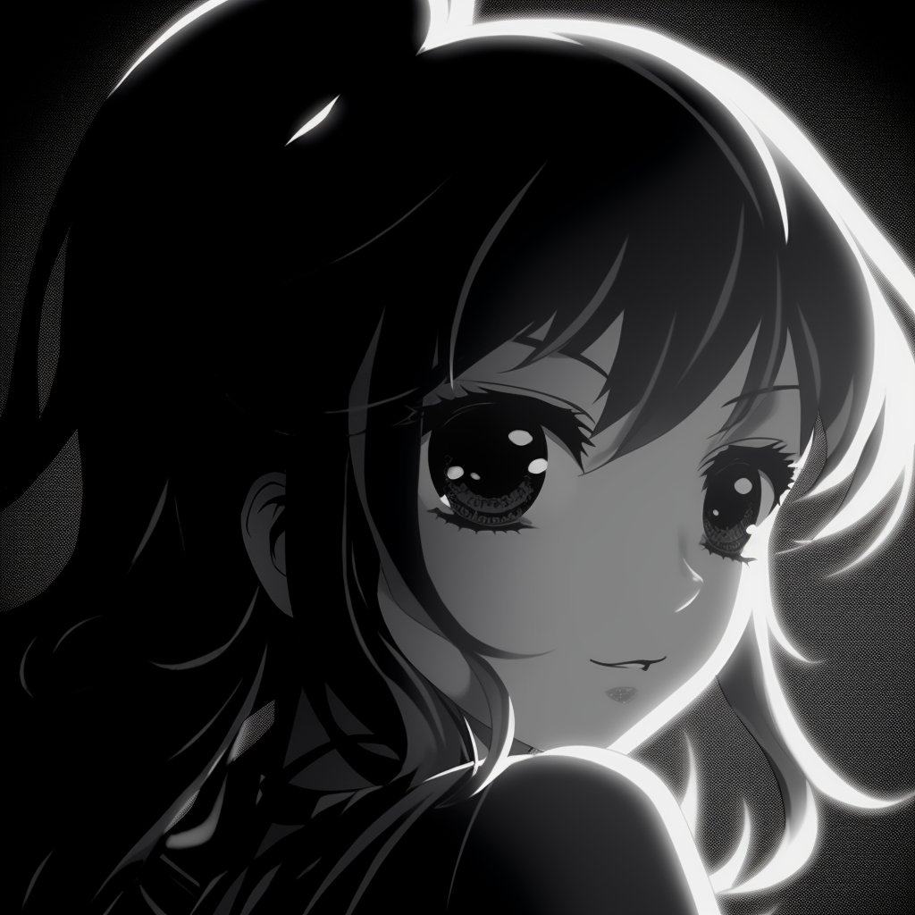 High contrast image of an anime girl's silhouette in grayscale, emphasizing light and shadow. black and white anime girl profile picture