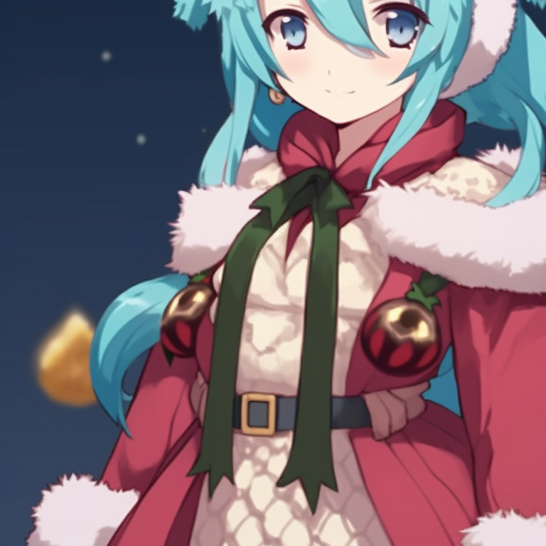 Hatsune Miku against a snowy backdrop, glowing lights, characters' expressions convey joyous anticipation, festive decorations add to Christmas theme. hatsune miku's festive matching pfps pfp for discord.
