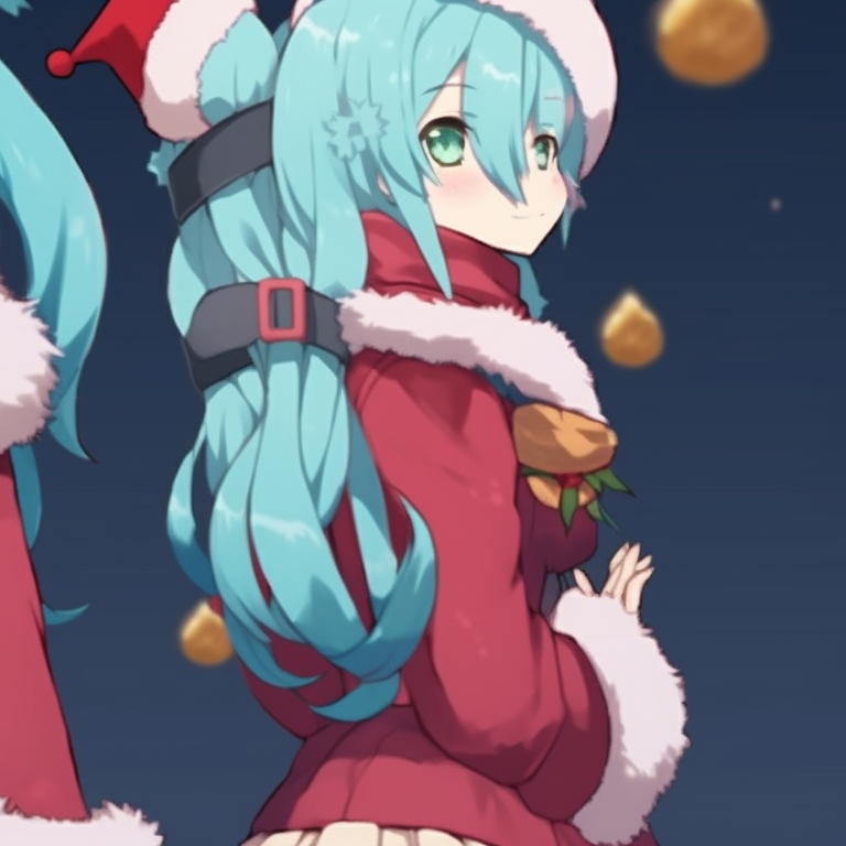 Hatsune Miku against a snowy backdrop, glowing lights, characters' expressions convey joyous anticipation, festive decorations add to Christmas theme. hatsune miku's festive matching pfps pfp for discord.
