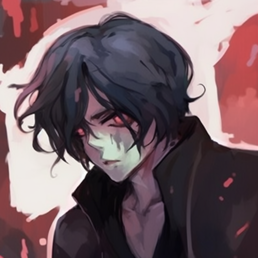 A veiled gaze of an anime villain, marked by heavy shading and rich, dark colors. anime arousing suspicion pfp pics