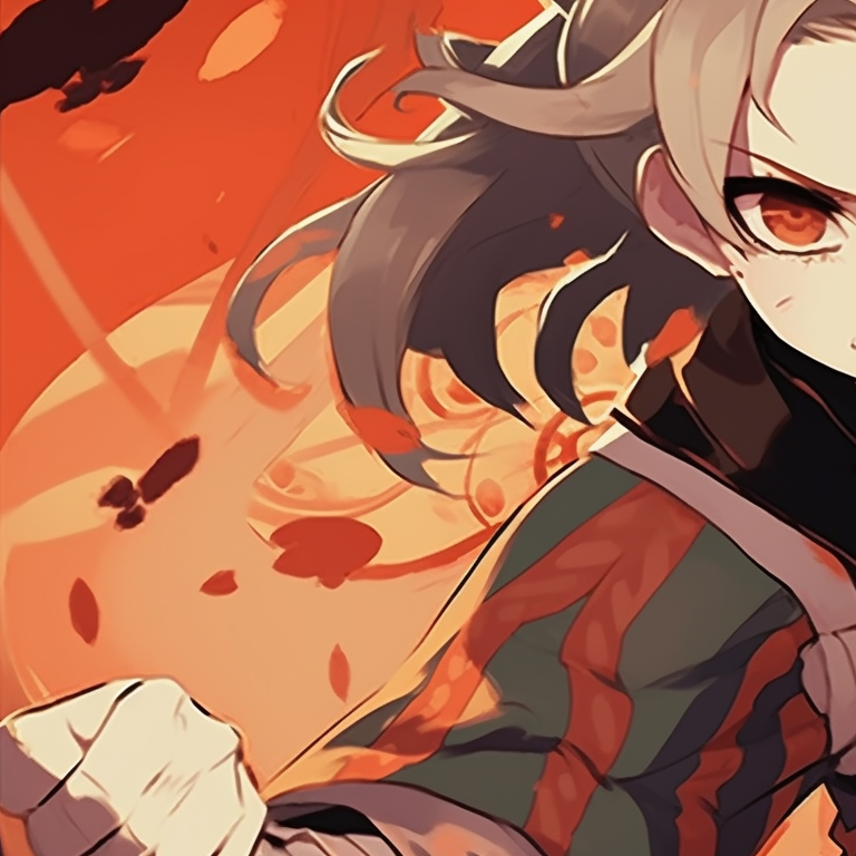 Zenitsu in mid-attack and Nezuko with her bamboo muzzle, contrast of dynamic energy and serene demeanor. zenitsu and nezuko matching costumes pfp for discord.