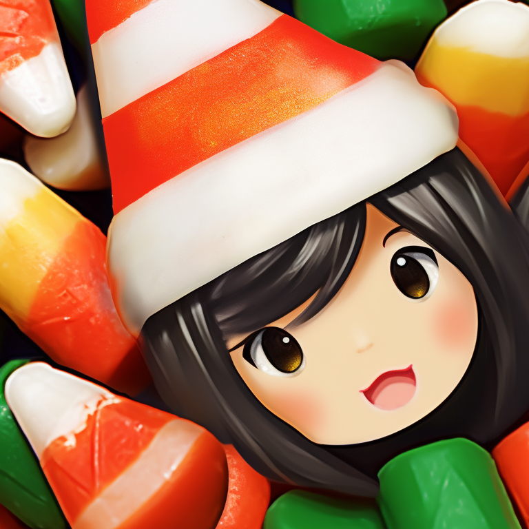 Two characters in snow, amidst swirling snowflakes, adorned in candy corn colored scarves and beanies. candy corn styled matching christmas pfp pfp for discord.