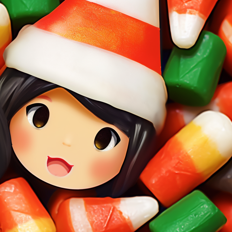 Two characters in snow, amidst swirling snowflakes, adorned in candy corn colored scarves and beanies. candy corn styled matching christmas pfp pfp for discord.