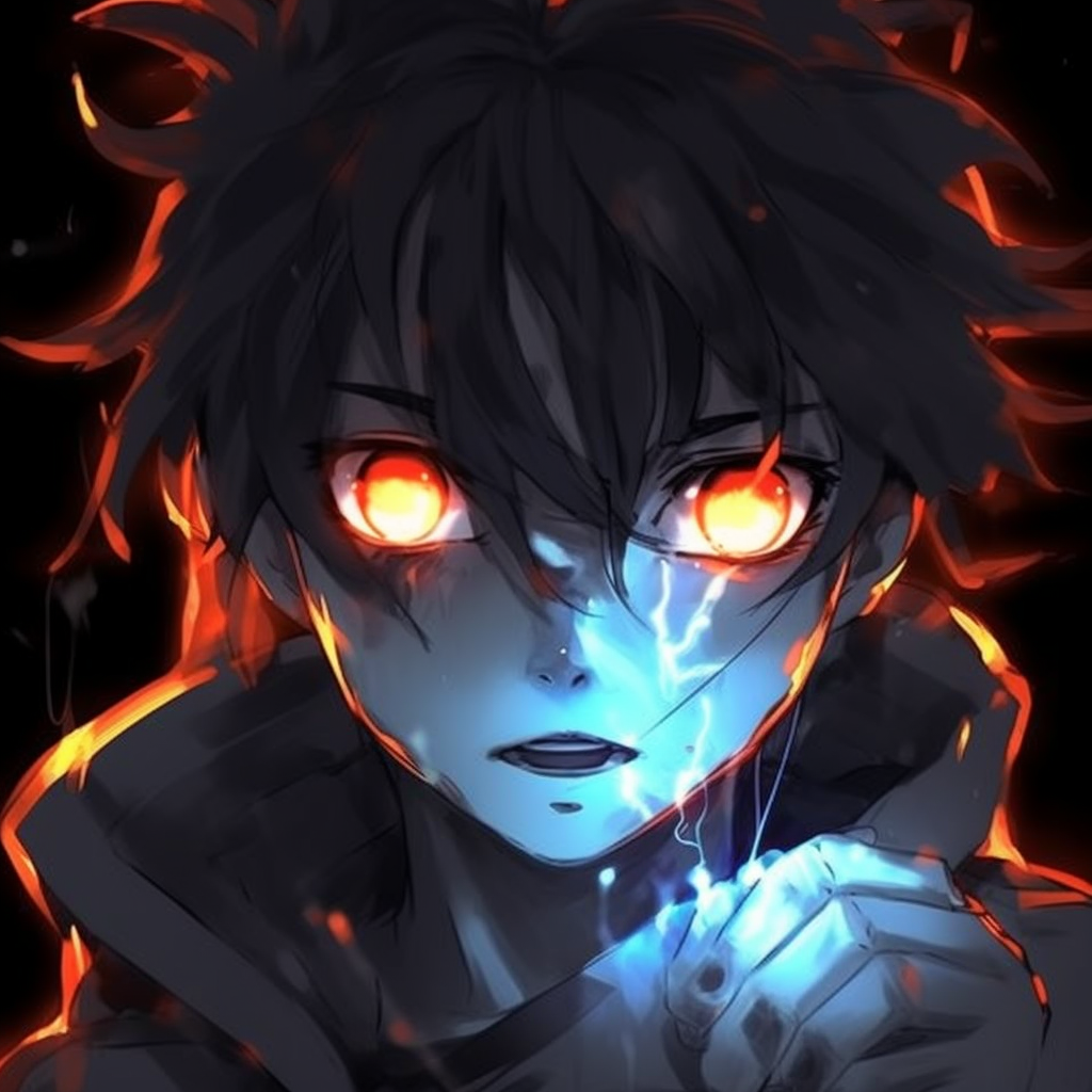 Detailing on the luminous eyes of an enigmatic anime character, use of high contrast colors. mysterious anime characters with glowing eyes pfp