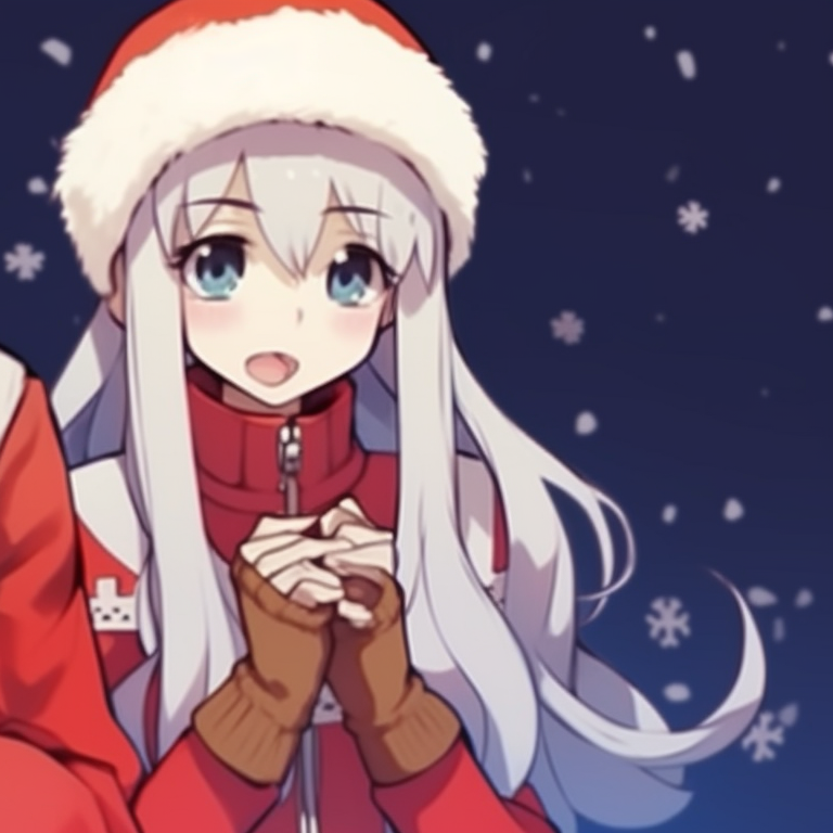 Two characters preparing presents, whimsical colors and detailed accessories. colorful matching christmas pfp 2021 pfp for discord.