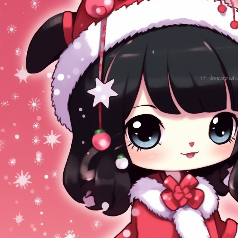 My Melody and Kuromi with sparkly Christmas accessories, bright colors and animated expressions. my melody and kuromi matching christmas pfp pfp for discord.