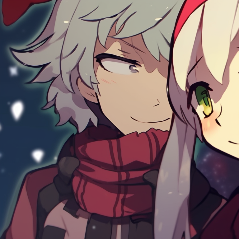 Two characters in winter outfits, strong contrasting colors and anime art style, gazing at each other. christmas matching profile photos tumblr pfp for discord.