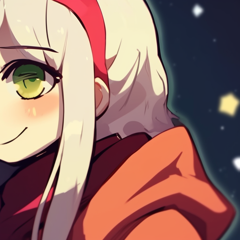 Two characters in winter outfits, strong contrasting colors and anime art style, gazing at each other. christmas matching profile photos tumblr pfp for discord.