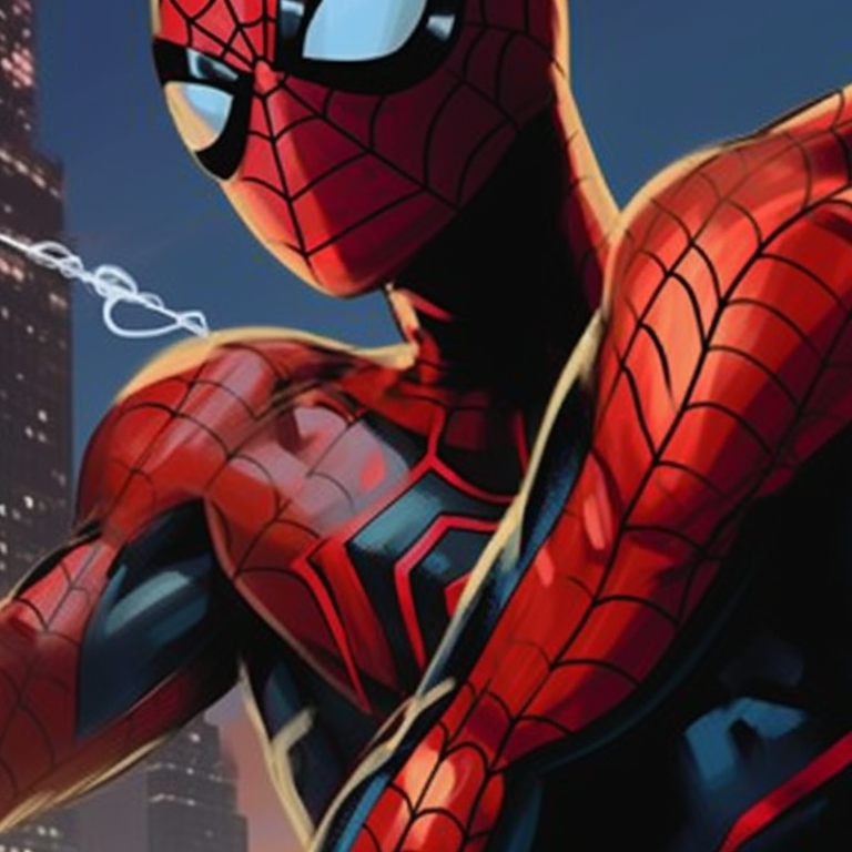 Two Spider-man characters in dynamic web-slinging poses with a city skyline background. cartoon themes for spider man matching pfp pfp for discord.