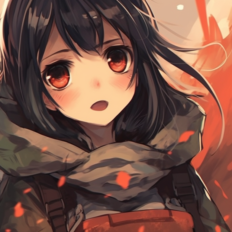 Eren and Mikasa, subtle glances, well-defined features against a muted anime background. beautiful matching pfp pfp for discord.