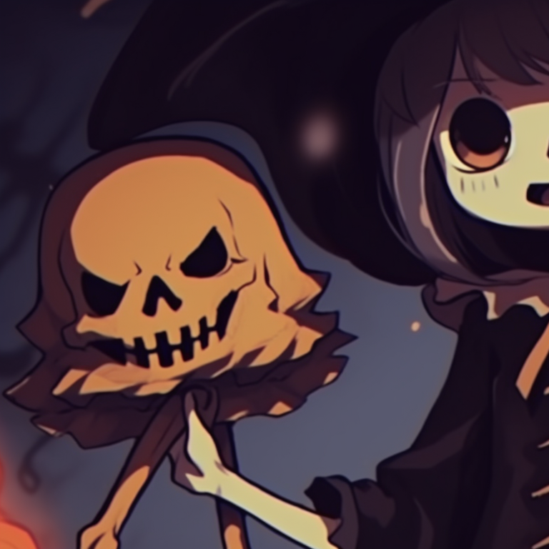 Two ghost characters in a graveyard scene, using dark gothic colors and sorrowful expressions. spooky halloween matching pfps - sad and gloomy pfp for discord.